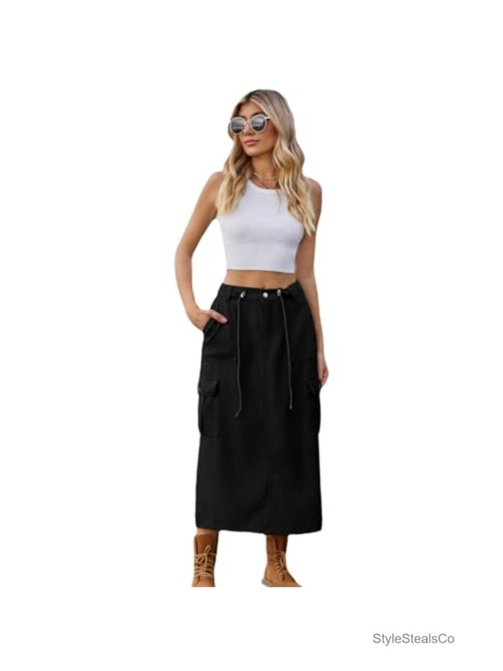 High Waist Cargo Denim Skirt Womens Long A-Line Split Hem